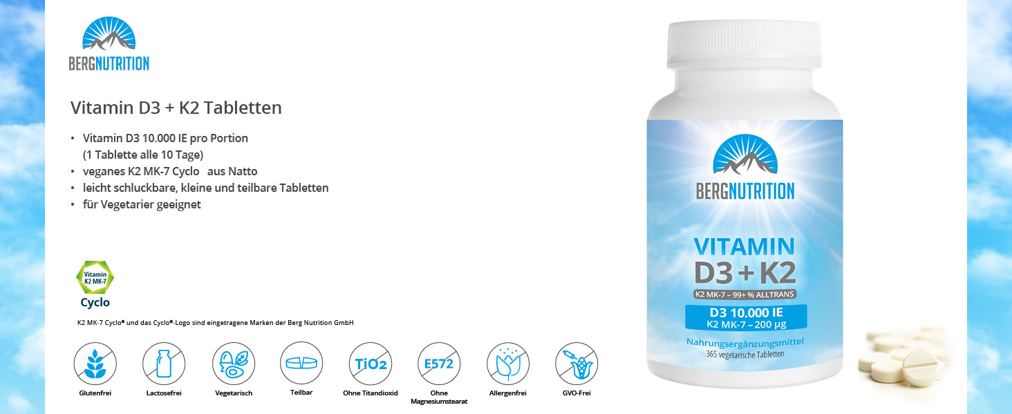 Berg Nutrition Vitamin D3 + K2 10.000 IE Vorteile