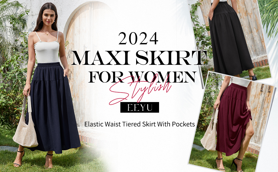 Amazon.com: EeYu Women's Solid Color Maxi Skirt Elastic