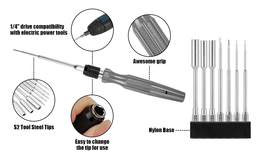 INJORA RC Hex Screwdrivers Nut Driver Set, 1/4" Drive Hex