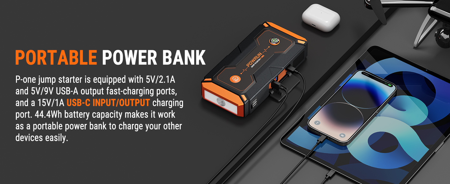 Powrun PONE Jump Starter Power Pack,2000A Peak Portable Car Jump