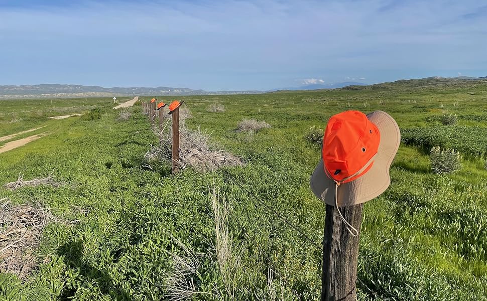 four orange hats on fence posts along a green prairie dirt road.