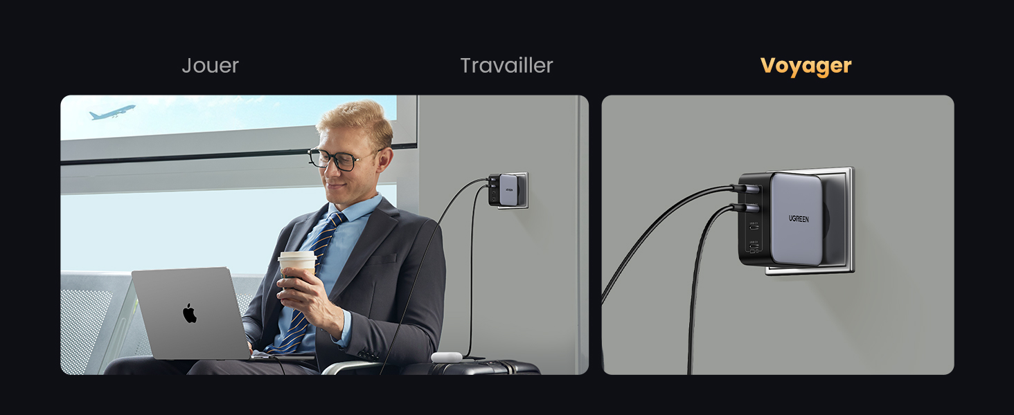 avec trois scénarios d'utilisation : « Jouer », « Travailler » et « Voyager » (voyager). Affiche l'appareil en train de charger un ordinateur portable et un téléphone dans différents paramètres.