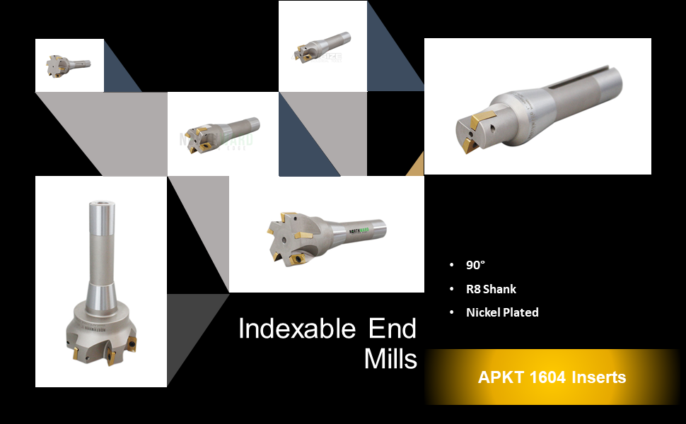 Accusize Industrial Tools 90 Degree R8 Shank Indexable End Mill with 6 Apkt1604 Carbide Inserts