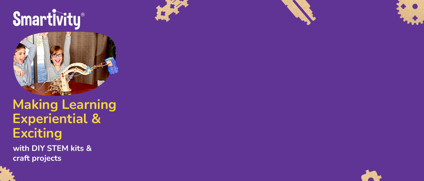 Educational program interface titled 'Smartivity' with text about making learning experiential and exciting, set against purple background with decorative elements.