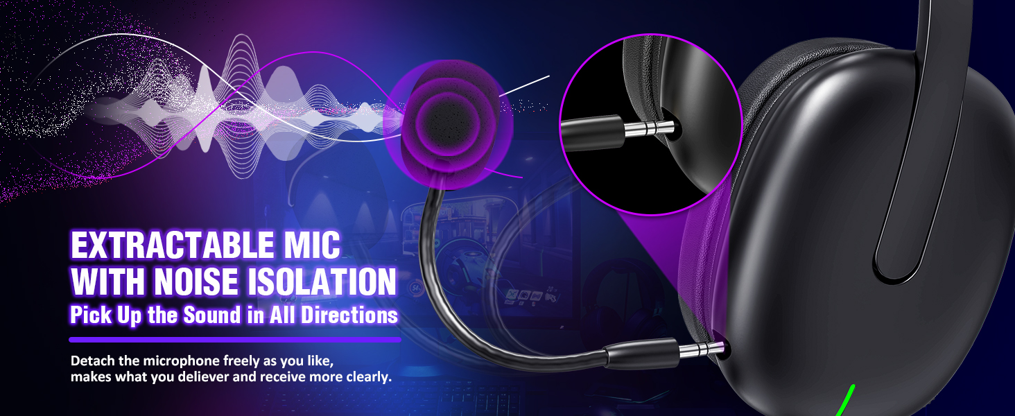 Gaming headset with extendable microphone featuring noise isolation technology. Purple sound wave graphics illustrate 360-degree audio pickup capabilities.