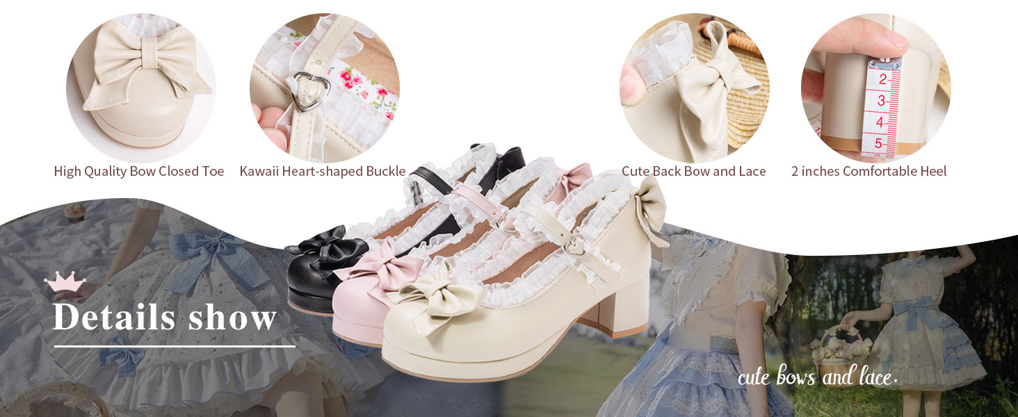 cute lolita shoes for Women Kawaii Shoes Mid Block Heel Mary Jane Rockabilly Pumps with bow