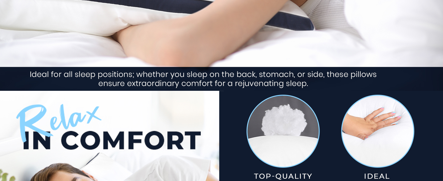 Pillow advertisement showing text 'Rest in Comfort' with images of pillows. Highlights 'Ideal for all sleep positions' and features circular graphics illustrating product benefits.