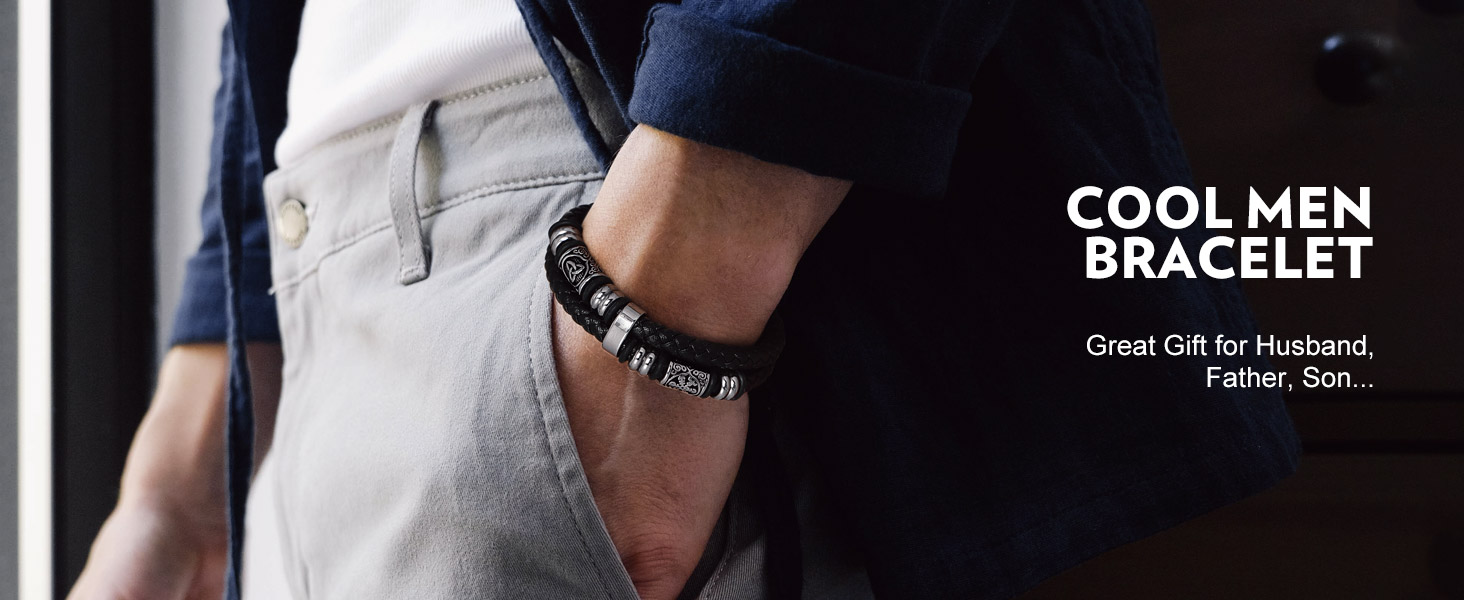 Bandmax Celtic Knot Bead Bracelet Leather Bracelet Wristband for Men Dad Husband Son