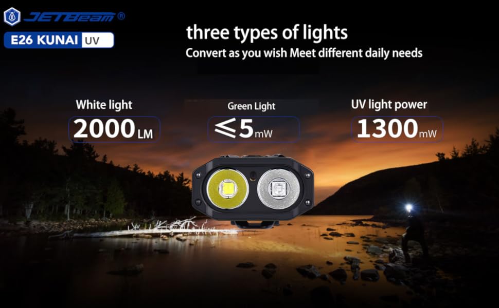 JETBeam E26 ,1800 Lumens USB C Rechargeable Flashlight,with 365nm UV Flashlight Black Light