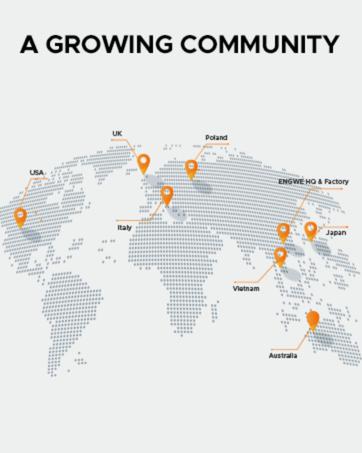 World map showing a growing community with orange location markers for USA, UK, Poland, Italy, Vietnam, Japan, Australia, and 'SHWE NO 6 Factory'.