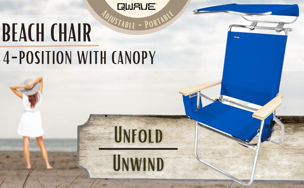Qwave Beach Chair with Canopy Shade 250lb Capacity, Lightweight Aluminum, 4