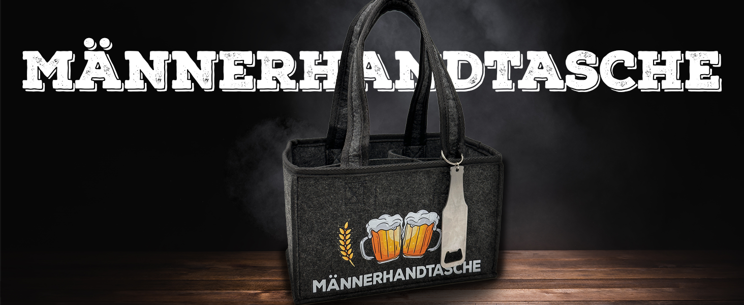 Tragetasche aus dunkelgrauem Filz mit „MÄNNERHANDTASCHE“ -Text und Bierkruggrafik. Entworfen als Tragetasche im maskulinen Stil
