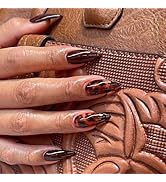 IMRAIN Fall Press on Nails Medium Almond Fake Nails Brown Glossy Glue on Acrylic Nails Full Cover...