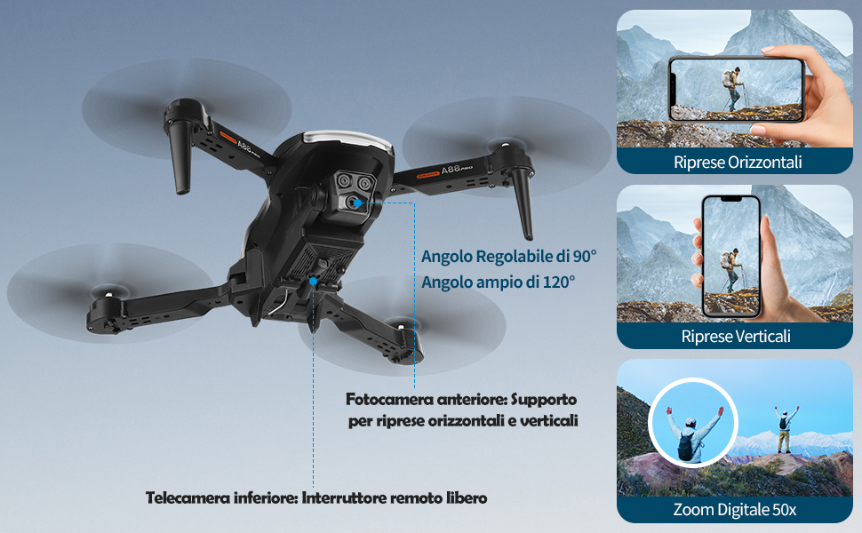 Drone pieghevole con fotocamera. L'immagine del prodotto mostra il drone in volo e ripiegato. La confezione include telecomando e supporto per smartphone.
