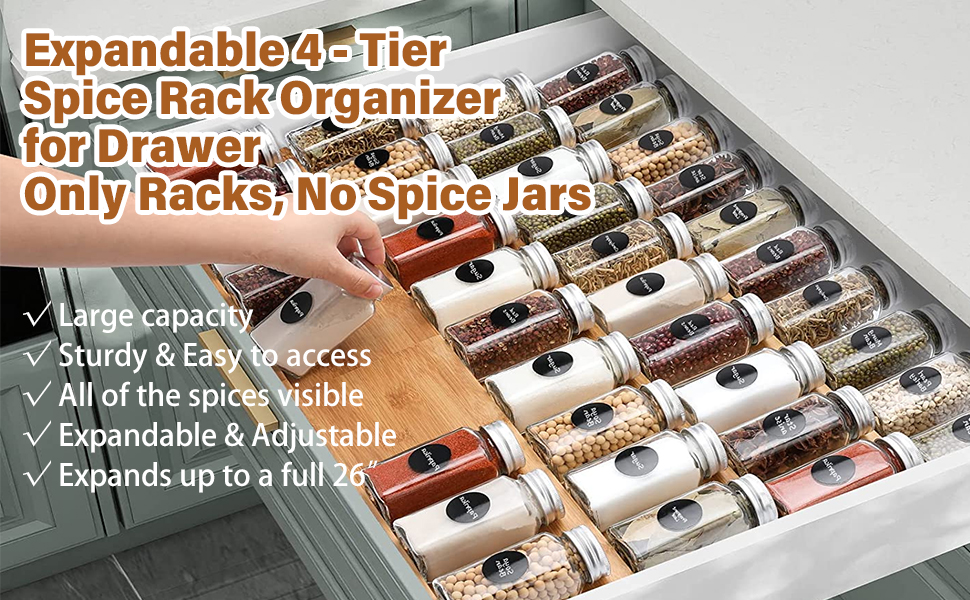 Spice Rack for Drawer Organizer, 8 Tier Bamboo Spice Rack for Kitchen