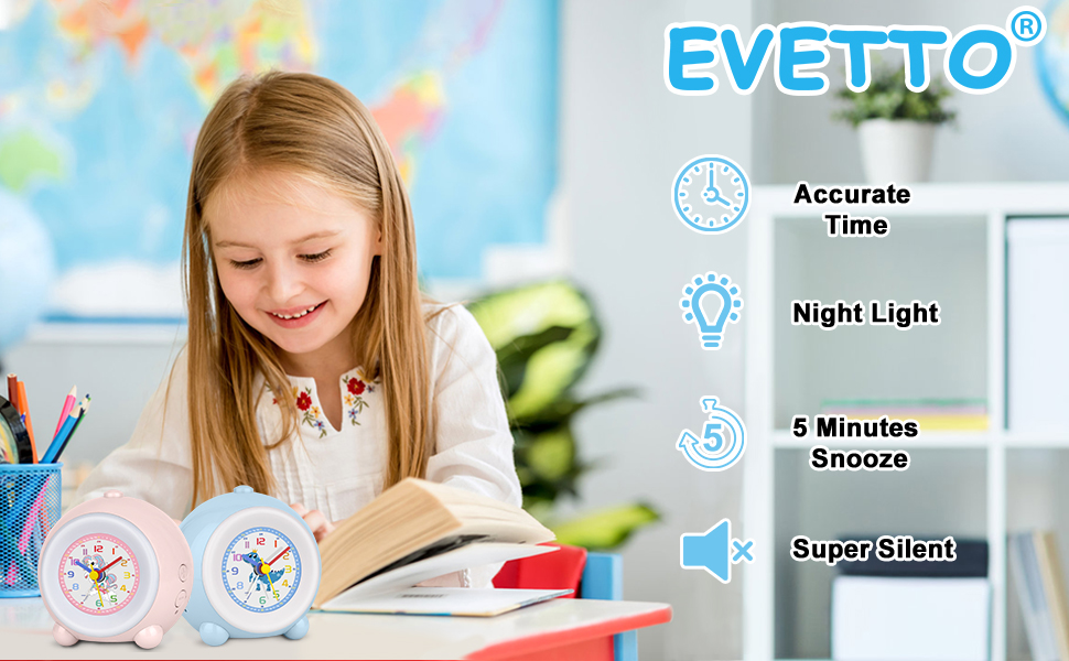 EVETTO Alarm Clock for Kids Adjustable Ringtone and