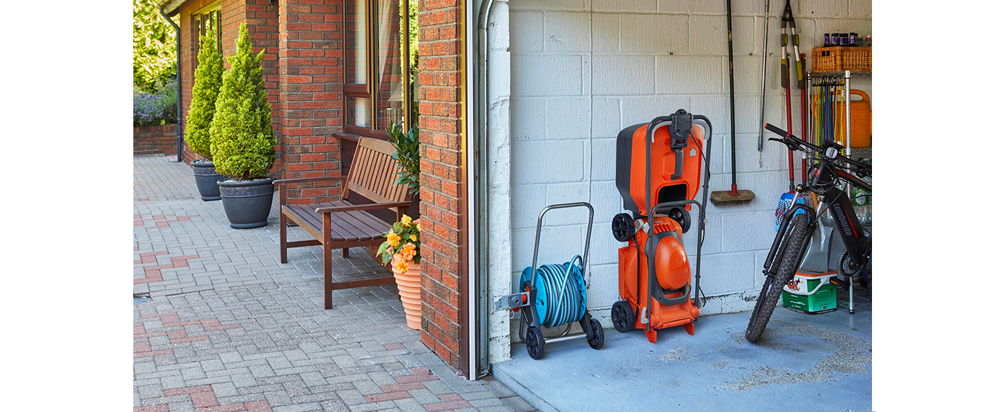 Store your mower in an vertical position, taking up minimal space in your garage or garden shed.