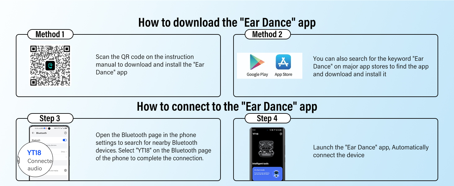 Text reads 'How to download the Tap Dance app' with instructional diagram showing steps to install mobile application, including QR code and device screenshots.