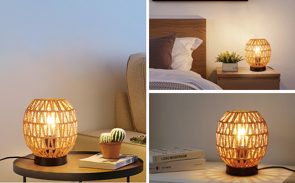 Desk Lamp Vintage,Rattan Bedside Lamps with Iron Base Boho Handmade