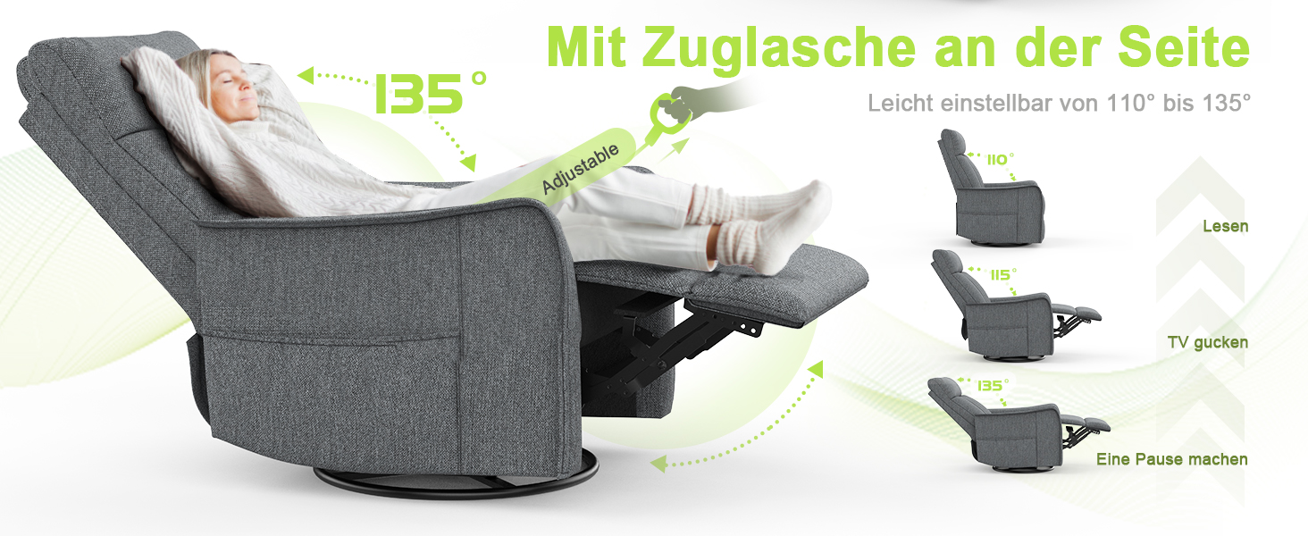 Lehnsessel aus grauem Stoff. Das Diagramm zeigt einen Neigungswinkel von 135 Grad bei ausgezogener Fußstütze. Es werden mehrere Abbildungen der Position bereitgestellt.