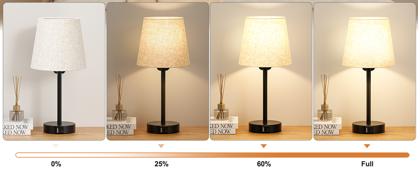 Demonstration of lamp brightness levels showing four identical table lamps with white shades at different illumination intensities, from dim to bright.
