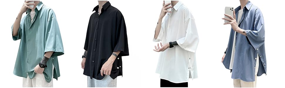 男性用半袖シャツ、夏、3/4スリーブ、ルーズ、カジュアル、プレーン、スタイリッシュ、大きなサイズ