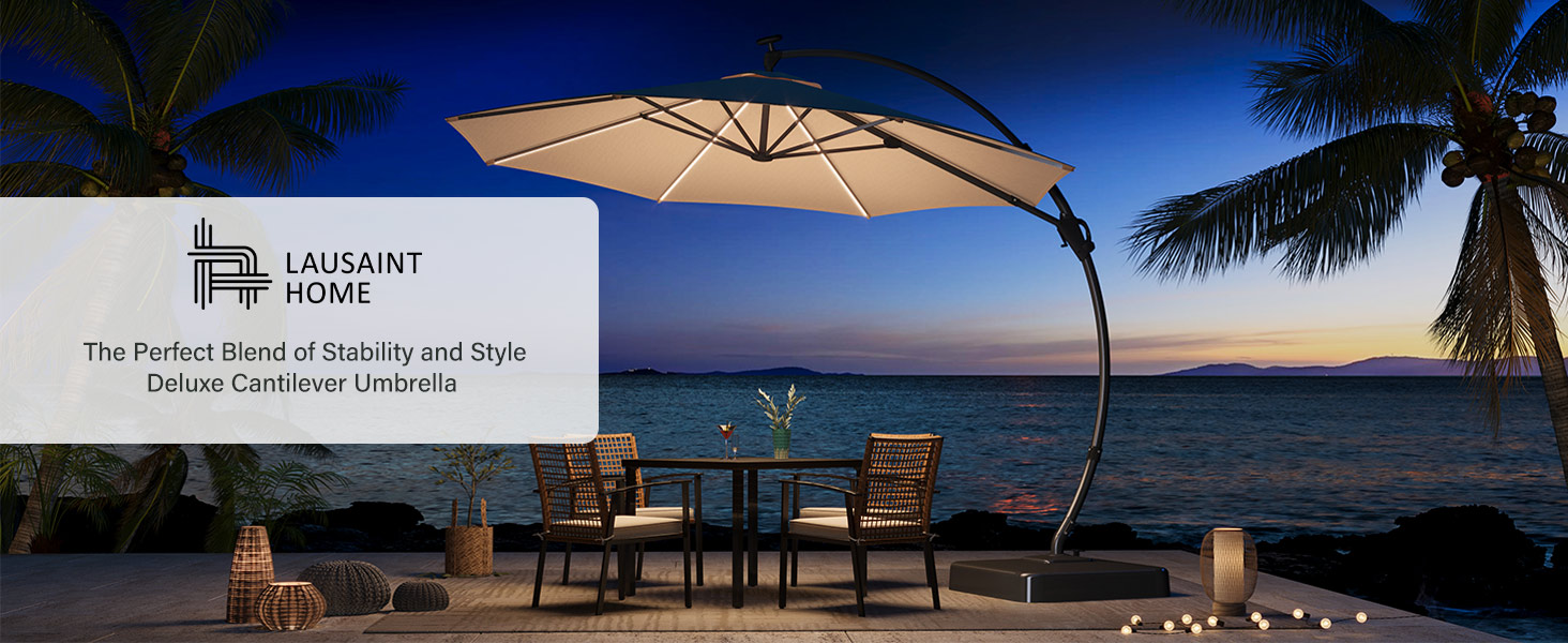 beige cantilever patio umbrella lights