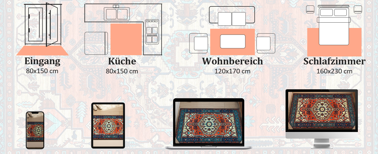 Grundriss mit den Abmessungen von Eingang, Küche, Wohnbereich und Schlafzimmer. Unten werden orientalische Teppichdesigns auf verschiedenen Geräten angezeigt.