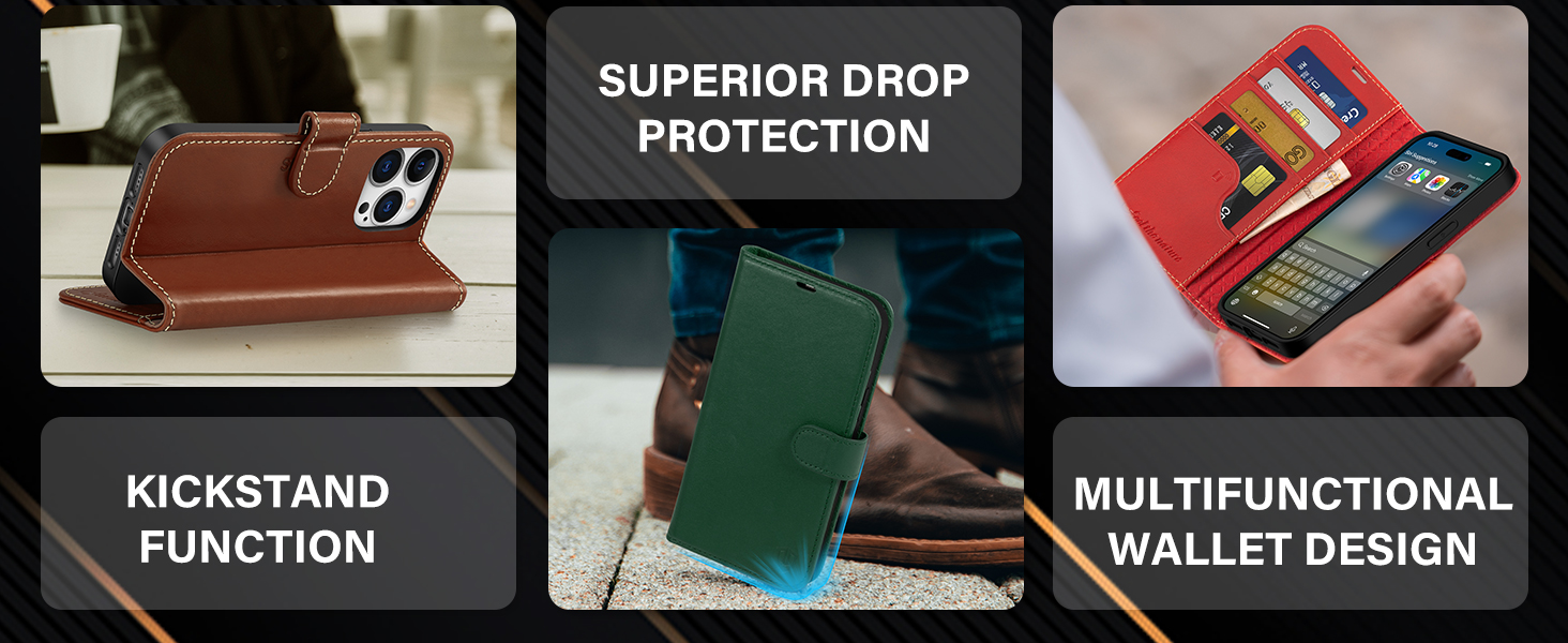 SHIELDON Case for iPhone 14 Pro 5G, Genuine Leather Wallet