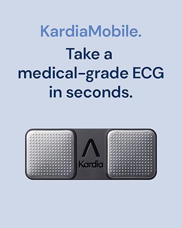 KardiaMobile device for taking medical-grade ECG in seconds. Two silver rectangular sensors on a light blue background with product information.