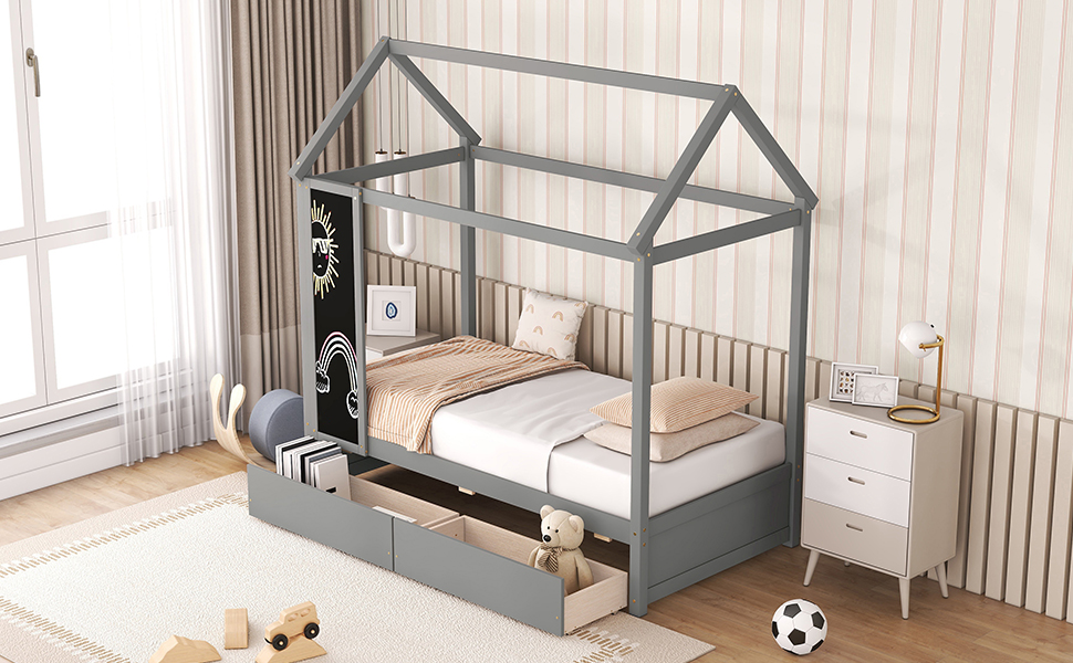 Twin Bed Frame/Kids House Bed Frame with Storage Drawers