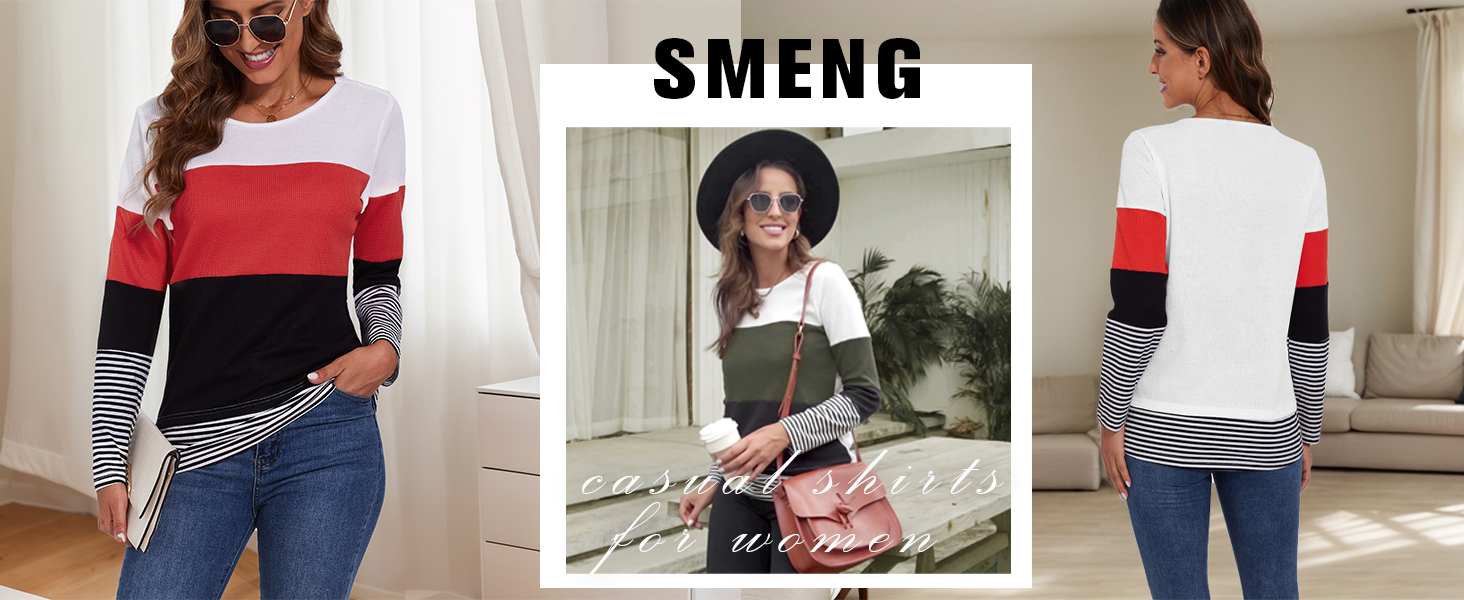 SMENG Ladies Long Sleeve Shirts Women Striped Crewneck Pullover Tunic
