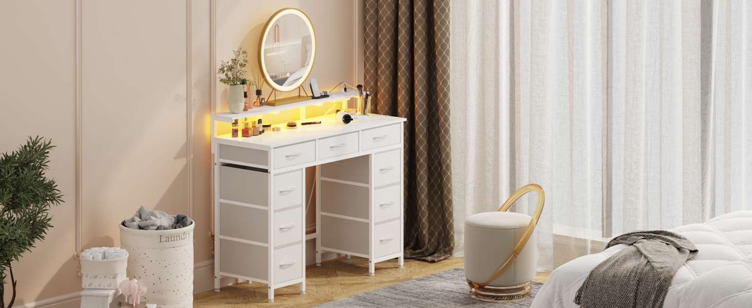 DSAFGGY Vanity Desk with 9 Fabric Drawers, Makeup Vanity