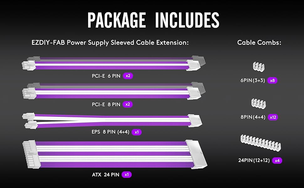 EZDIYFAB PSU Cable Extension kit Sleeved Cable Custom Power Supply