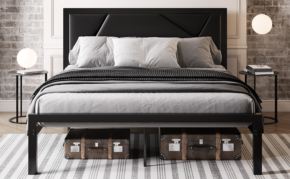 ONBRILL Full Size Modern Metal Bed Frame with Contemporary Faux Leather and