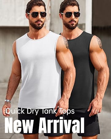 Two men wearing sleeveless tank tops, one white and one black. Text reads 'Quick Dry Tank Tops New Arrival', indicating new sportswear product launch.