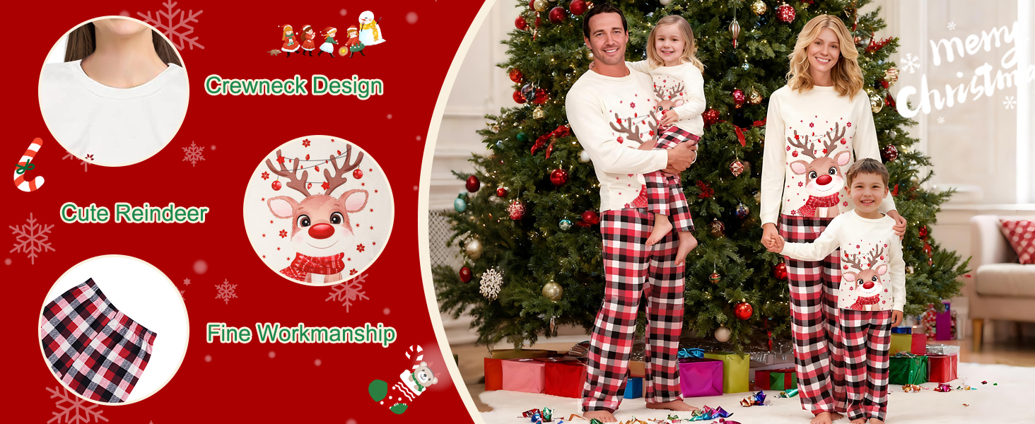 El texto dice «Diseño navideño» y «Plan de medición». Fotografía de producto con temática navideña que muestra los atuendos familiares a juego con los adornos navideños.