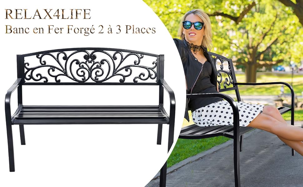 RELAX4LIFE Banc De Jardin En Fonte D’Acier Pour 2-3 Personnes, Résistant Et Confortable Avec Incliné Dossier Ciselé, Accoudoirs Arrondis Et Pieds Durables, Utilisation En Extérieur, Bronzé/Noir (Noir) 13 1
