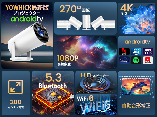 (新品)YOWHICK プロジェクター Android TV搭載 Android TV搭載・270°回転】YOWHICK プロジェクター 小型