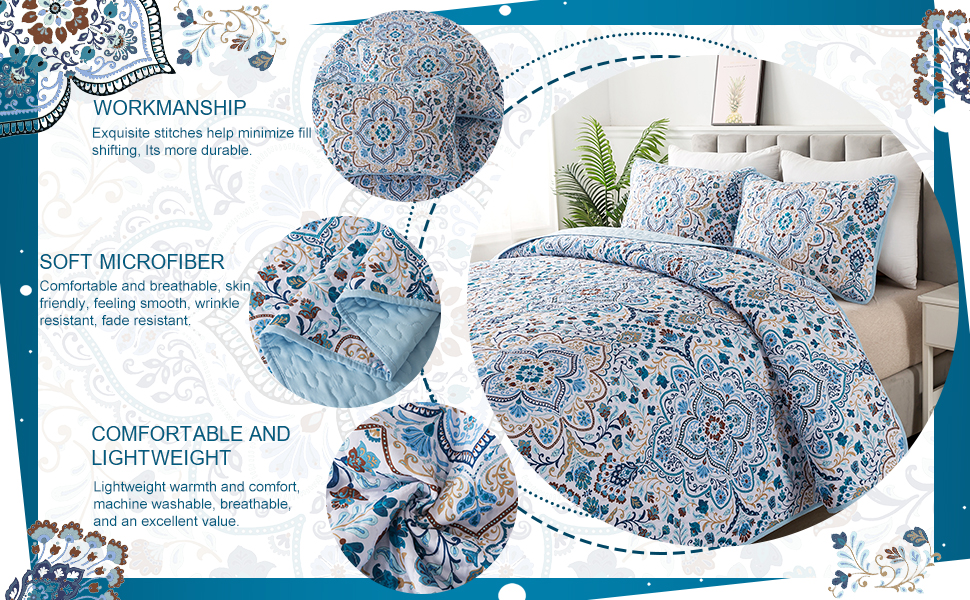 Bohemian Quilt Set Blue Boho Quilted Bedspread Queen 3