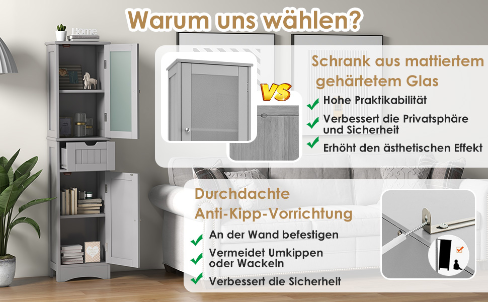 COSTWAY 170 cm Tall Bathroom with Drawer, Bathroom with