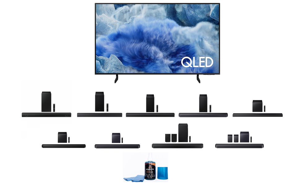 Samsung Q8FA Series TV with Samsung Soundbar and Amber Screen Cleaner