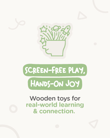 Text reads 'SCREEN-FREE PLAY, HANDS-ON JOY' and 'Wooden toys for real-world learning & connection'. Simple green line illustration of potted plant.