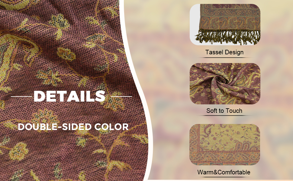 GLOWCHY Two Tone Rave Pashminas Paisley Shawl Wrap for Women Reversible Ethnic 79'' x 28'' Fringed