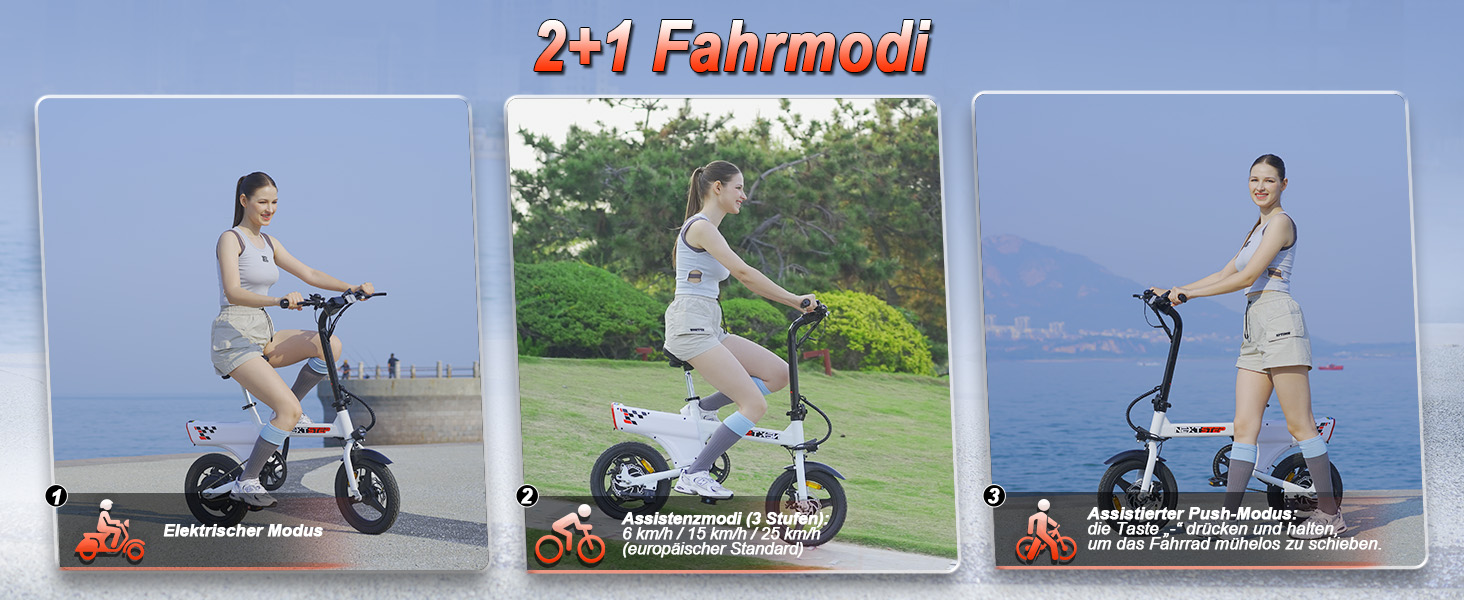 Der Text lautet „2+1 Fahrenodi“. Das Bild auf drei Feldern zeigt, wie ein Elektroroller im Freien in verschiedenen Umgebungen — Straßen- und Parkumgebungen — gefahren wird.