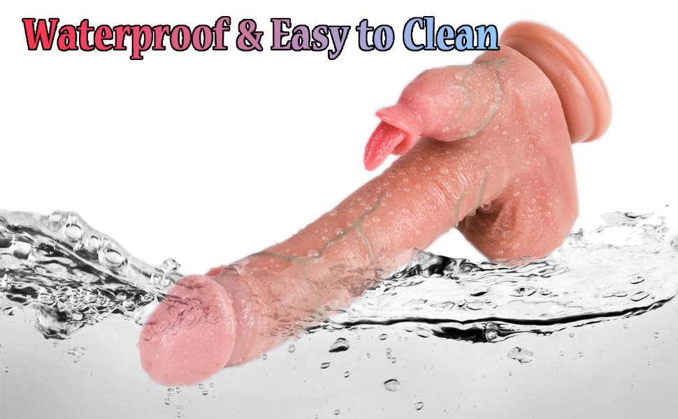 Silicone personal massager submerged in water, demonstrating its waterproof feature. Text indicates it's easy to clean.