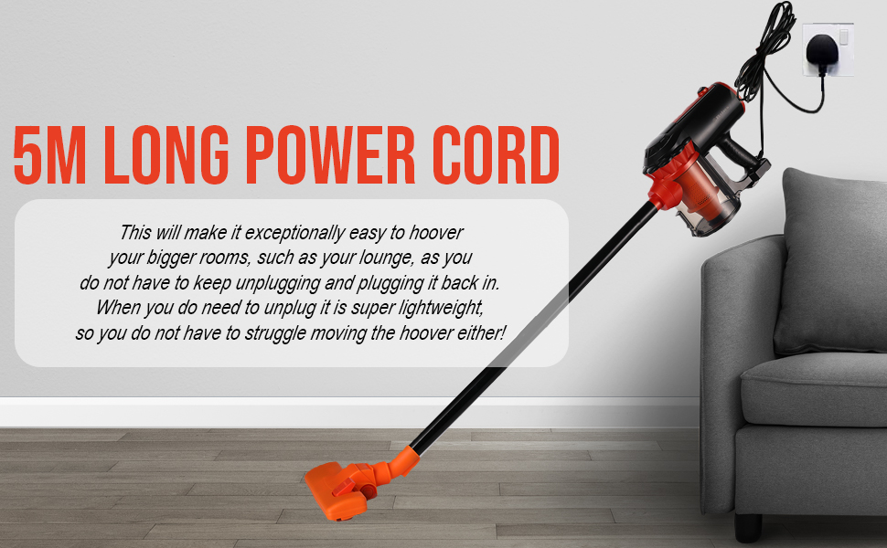 Red and black stick vacuum cleaner with 5M long power cord, shown in use on hardwood floor next to a gray sofa.