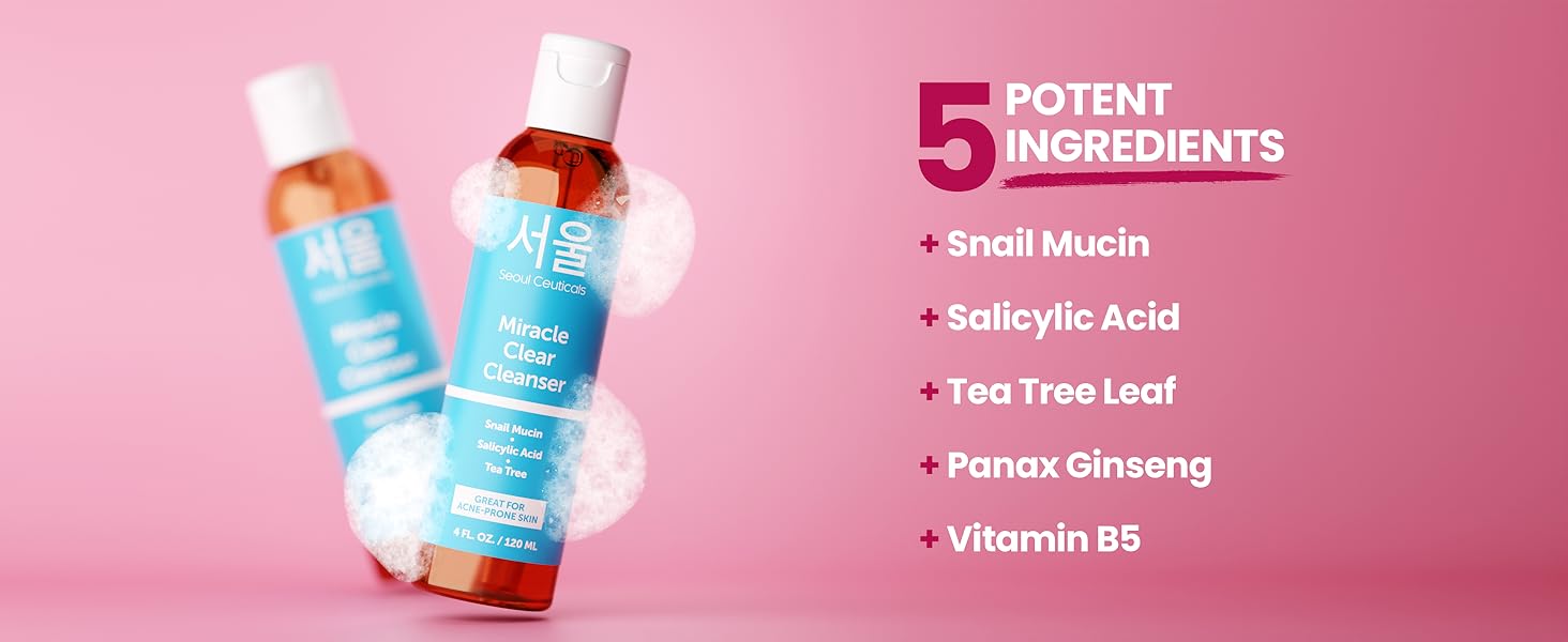 SeoulCeuticals Snail Cleansing Foam next to list of 5 key snail cleanser ingredients 