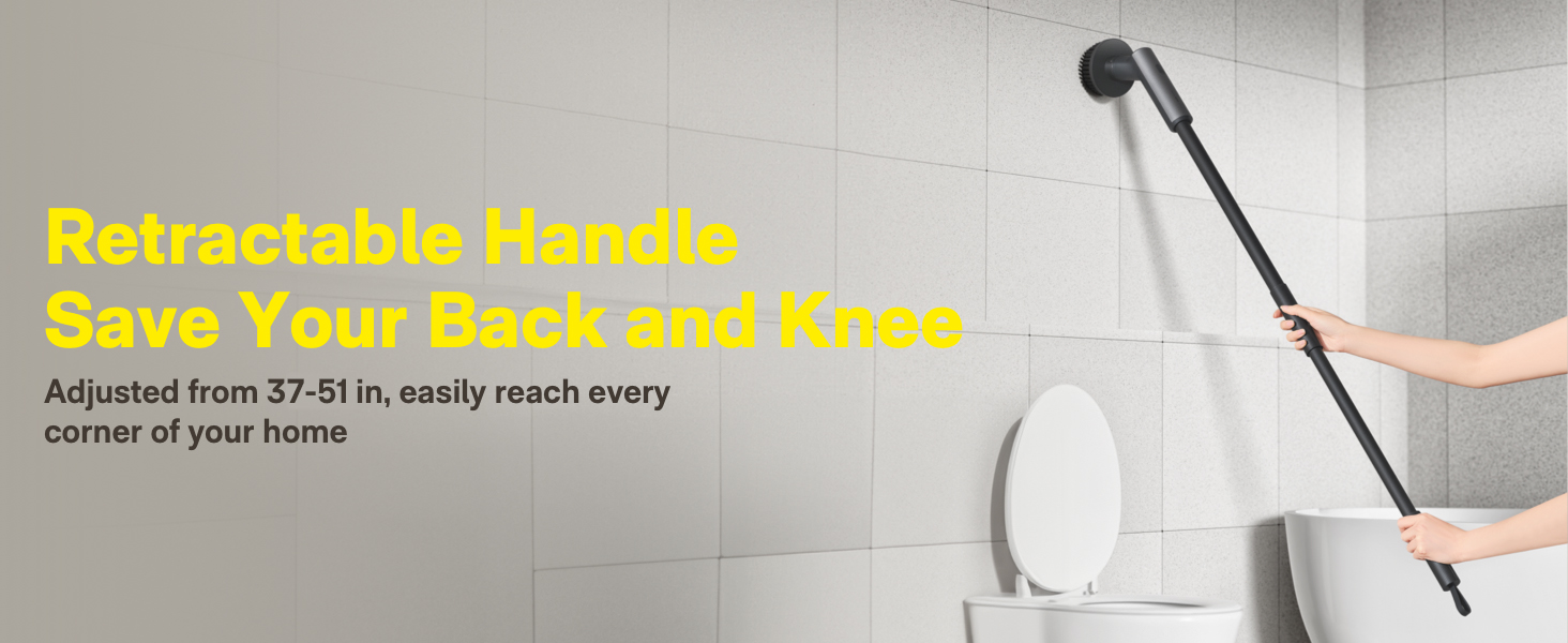 Extendable bathroom cleaning tool with handle shown mounted near toilet, featuring text about reach and adjustability capabilities.