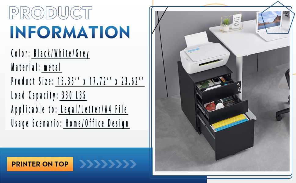 3 Drawer Locking File Under Desk Metal Filing